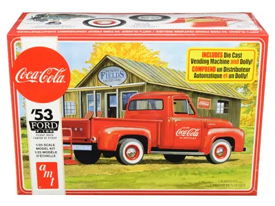 Amt Skill 3 Model Kit 1953 Ford F-100 Pickup Truck "coca-cola" With Vending Machine And Dolly 1/25 Scale In Orange
