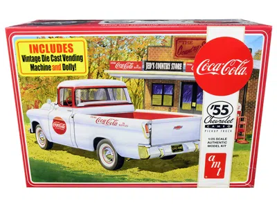 Amt Skill 3 Model Kit 1955 Chevrolet Cameo Pickup Truck "coca-cola" With Vintage Vending Machine And Dol In White