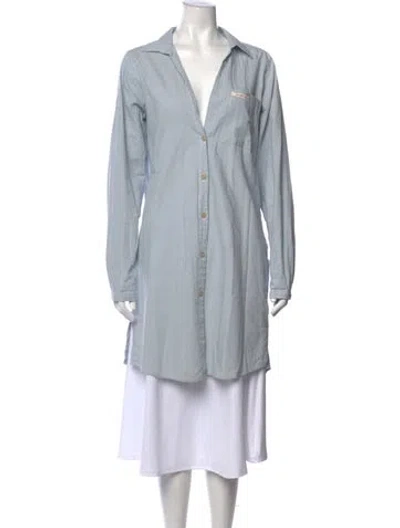 Pre-owned Amundsen Sports Striped V-neck Button-up Top In Blue