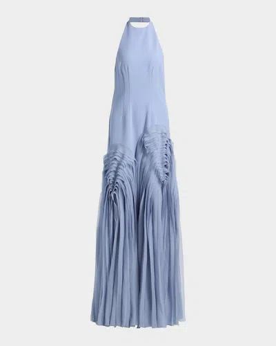 Amur Elani Pleated Halterneck Gown In Moonjelly