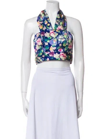 Pre-owned Amur Floral Print Halterneck Crop Top W/ Tags In Blue