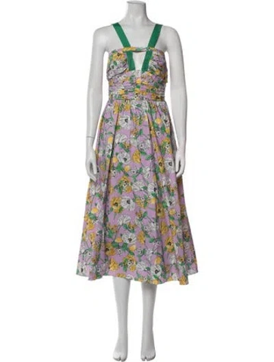 Pre-owned Amur Floral Print Midi Length Dress In Green/purple