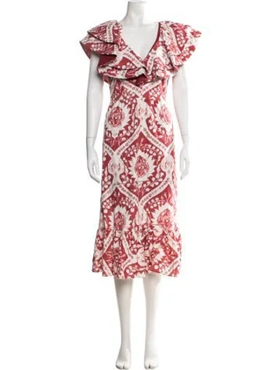 Pre-owned Amur Floral Print Midi Length Dress In Red