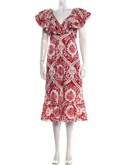 Pre-owned Amur Floral Print Midi Length Dress In Red