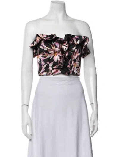 Pre-owned Amur Floral Print Off-the-shoulder Crop Top In Black