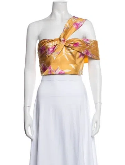Pre-owned Amur Floral Print Off-the-shoulder Crop Top In Yellow