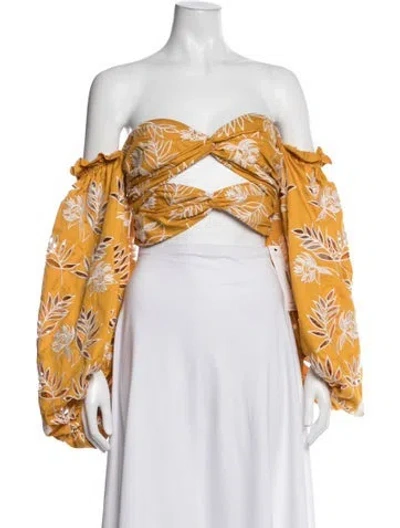 Pre-owned Amur Floral Print Off-the-shoulder Crop Top In Yellow