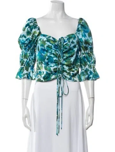 Pre-owned Amur Floral Print Square Neckline Blouse In Blue