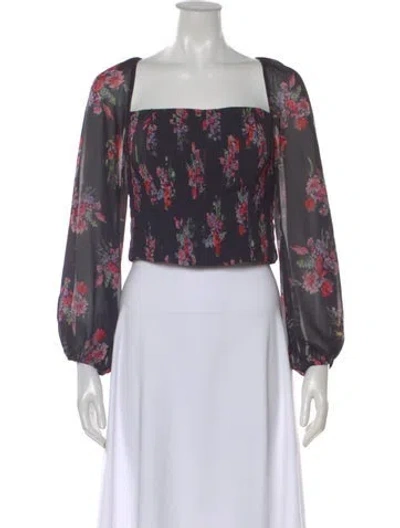 Pre-owned Amur Floral Print Square Neckline Crop Top In Black