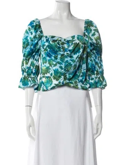 Pre-owned Amur Floral Print Square Neckline Crop Top In Blue/green