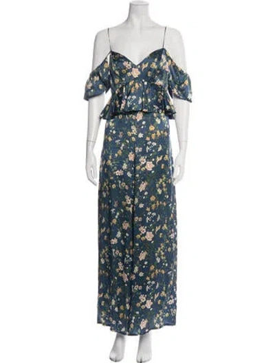 Pre-owned Amur Floral Print V-neck Jumpsuit In Blue