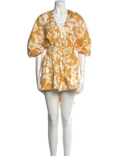 Pre-owned Amur Floral Print V-neck Romper In Yellow