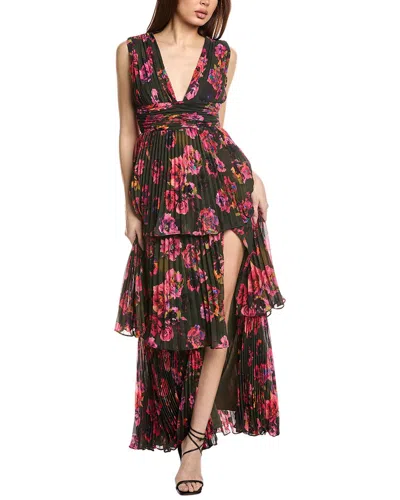 Amur Fluer Deep V Pleated Gown In Black