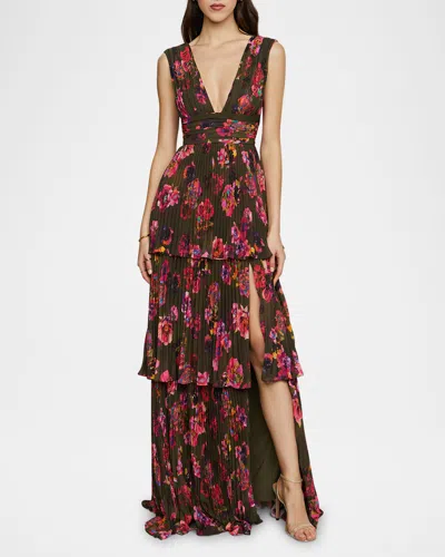 Amur Fluer Deep V Pleated Gown In Black
