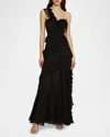 Amur One-shoulder Ruffled Silk Illusion Gown In Black