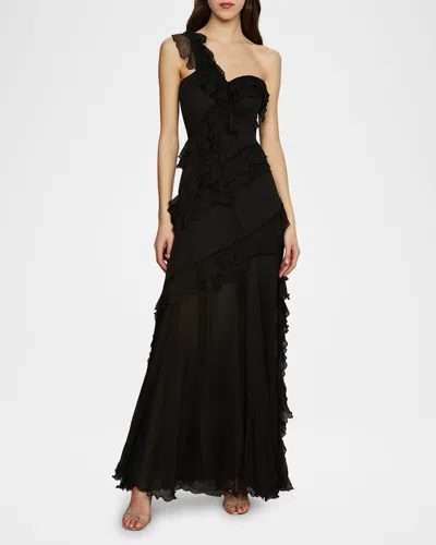 AMUR HARLOW ASYMMETRIC CRINKLE CHIFFON GOWN