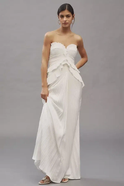 Amur Isabell Strapless Sweetheart Pleated Ruffled Maxi Dress In White