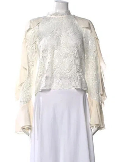 Pre-owned Amur Lace Pattern Mock Neck Blouse In White