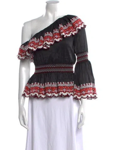 Pre-owned Amur Linen Printed Top In Black