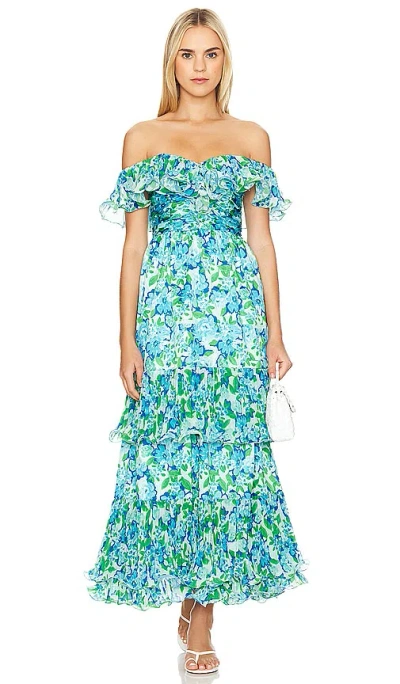 Amur Pia Pleated Off The Shoulder Maxi Dress In Garden Blue