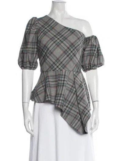 Pre-owned Amur Plaid Print One-shoulder Blouse In Grey