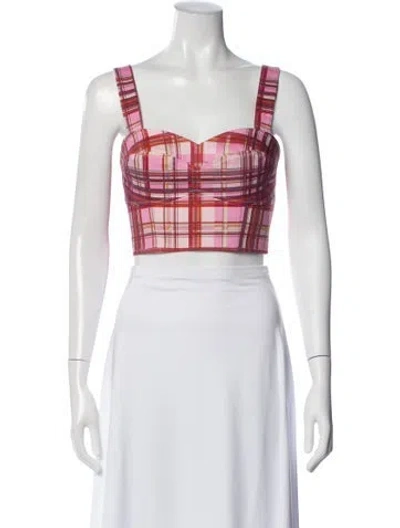 Pre-owned Amur Plaid Print Square Neckline Crop Top In Pink