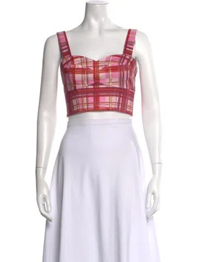 Pre-owned Amur Plaid Print Square Neckline Crop Top In White