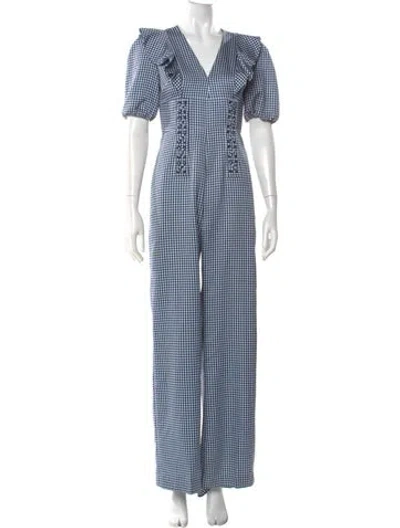 Pre-owned Amur Plaid Print V-neck Jumpsuit In Blue