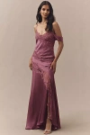 Amur Reese Off-shoulder Cascade Lace Satin Maxi Dress In Purple