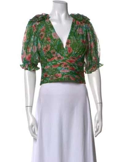 Pre-owned Amur Silk Floral Print Blouse In Green