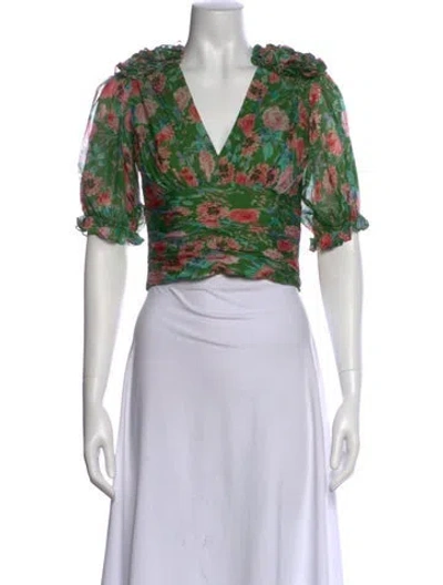 Pre-owned Amur Silk Floral Print Crop Top In Green