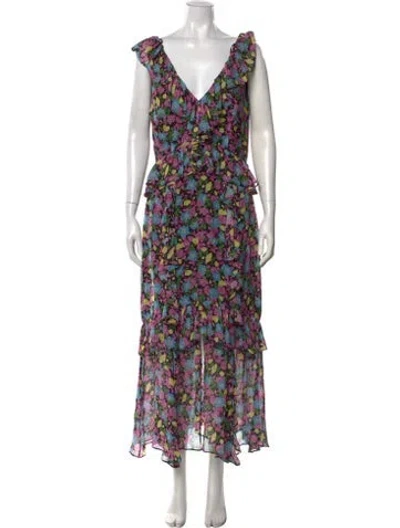 Pre-owned Amur Silk Long Dress In Black/blue/neutrals