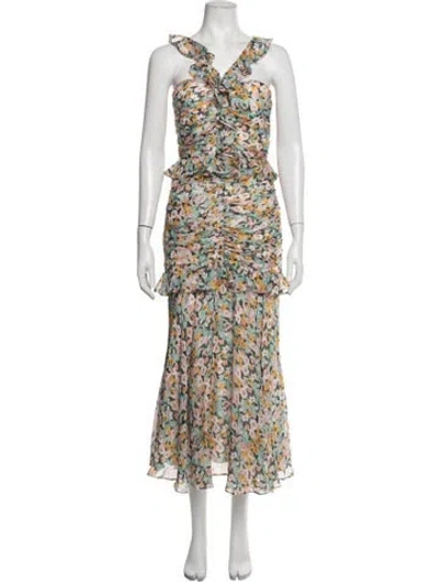 Pre-owned Amur Silk Midi Length Dress In Blue/yellow