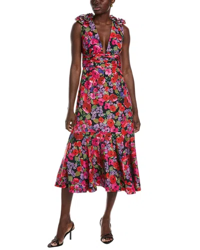 Amur Womens Below Knee Deep V Neck Midi Dress In Pink Multi