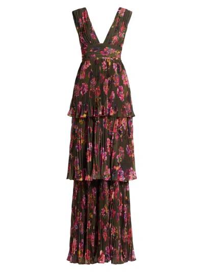 Amur Fluer Deep V Pleated Gown In Earthy Garden In Multi