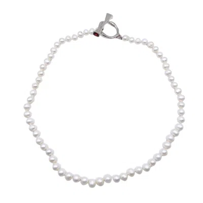 Amy Delson Jewelry Women's White / Silver / Red Pearl - Pearl Necklace With Red Garnet Gemstone Silver Toggle Clasp In Metallic