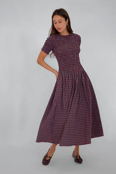 Amy Lynn Beatrix Smocked Plaid Midi Dress In Grape, Women's At Urban Outfitters In Purple