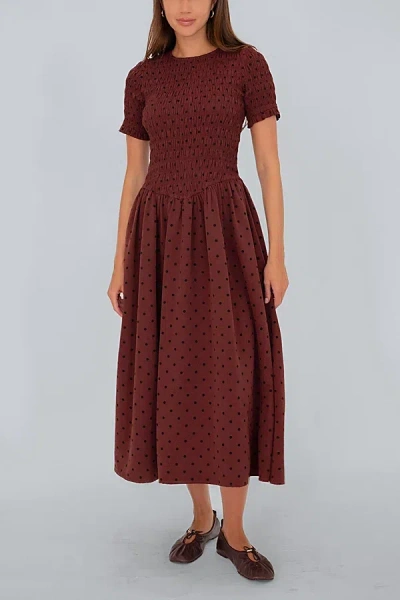 Amy Lynn Beatrix Smocked Plum Polka Dot Midi Dress In Burgundy, Women's At Urban Outfitters