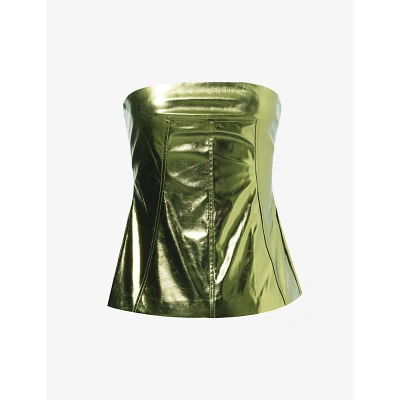 Amy Lynn Womens Khaki Metallic Bandeau Faux-leather Corset Top In Green