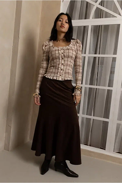 Amy Lynn Suki Faux Suede Chiffon Asymmetric Maxi Skirt In Brown, Women's At Urban Outfitters