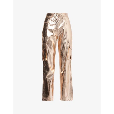 Amy Lynn Womens Rose Gold Utility Metallic Faux-leather Trousers