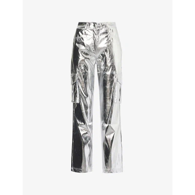 Amy Lynn Womens Silver Utility Metallic Faux-leather Trousers
