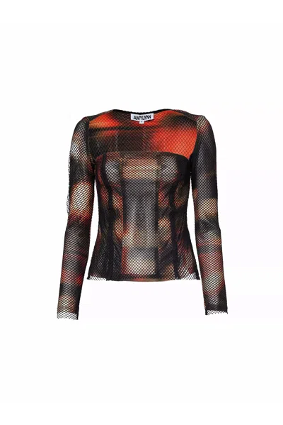 Amy Lynn Womens Multi Abstract-print Slim-fit Stretch-mesh Top In Black/brown