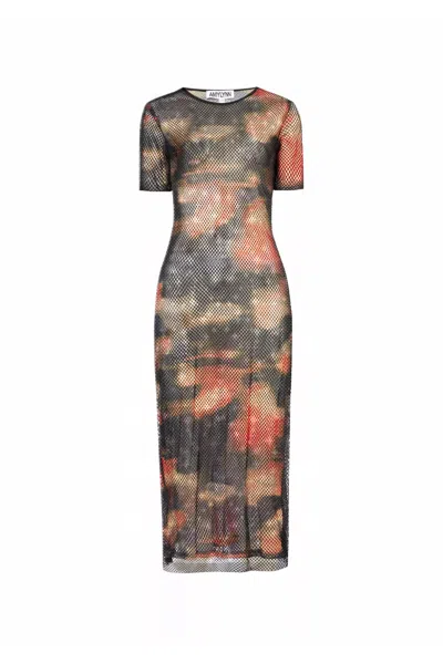 Amy Lynn Womens Orange Rhinestone-embellished Slim-fit Woven Midi Dress In Black/brown