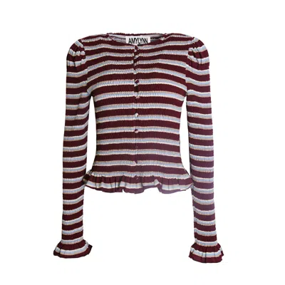 Amy Lynn Women's Brown Agyness Smocked Viscose Cotton Jersey Knitted Stripe Cardigan