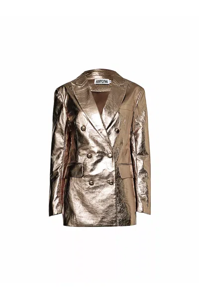 Amy Lynn Womens Gunmetal Metallic Double-breasted Faux-leather Jacket In Gold/brown