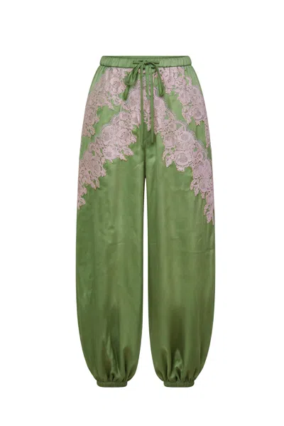 Amy Lynn Women's Green Emmie Lace-detail Satin Balloon Trousers