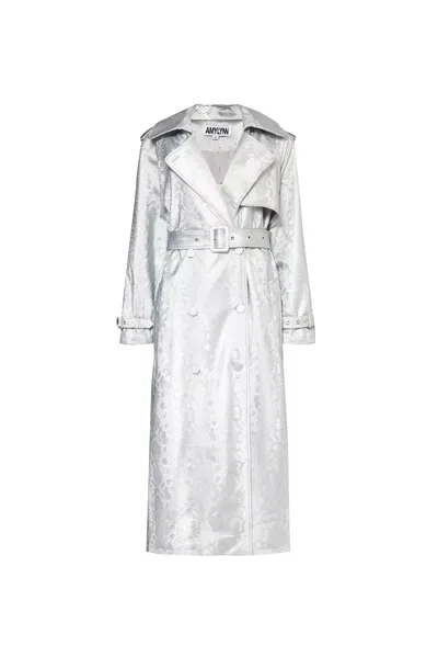 Amy Lynn Womens Silver Snake-effect Faux-leather Trench Coat In Grey
