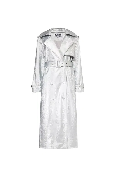 Amy Lynn Womens Silver Snake-effect Faux-leather Trench Coat