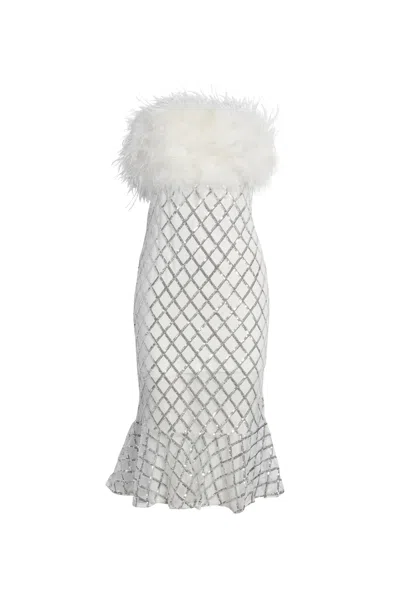 Amy Lynn Women's Hollywood White Sequin & Faux Feather Midi Dress